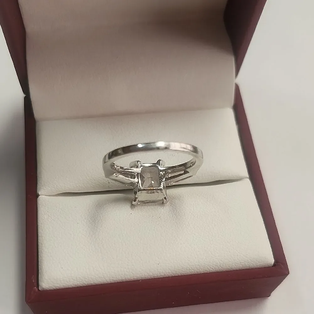 Silver-Tone Princess Cut Solitaire Ring with Baguette Accents - Clear Size 7